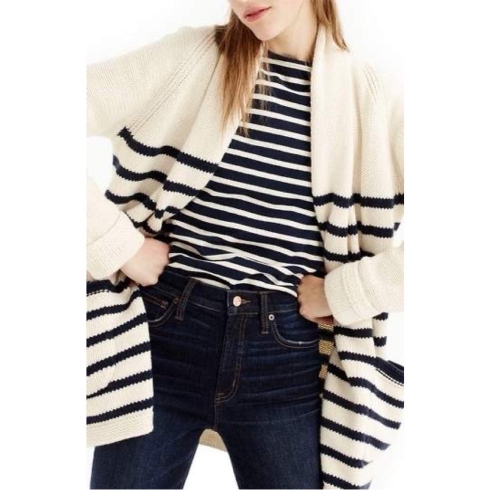 NWT J Crew Long Open Cardigan Sweater In Navy Stripe Medium H7141